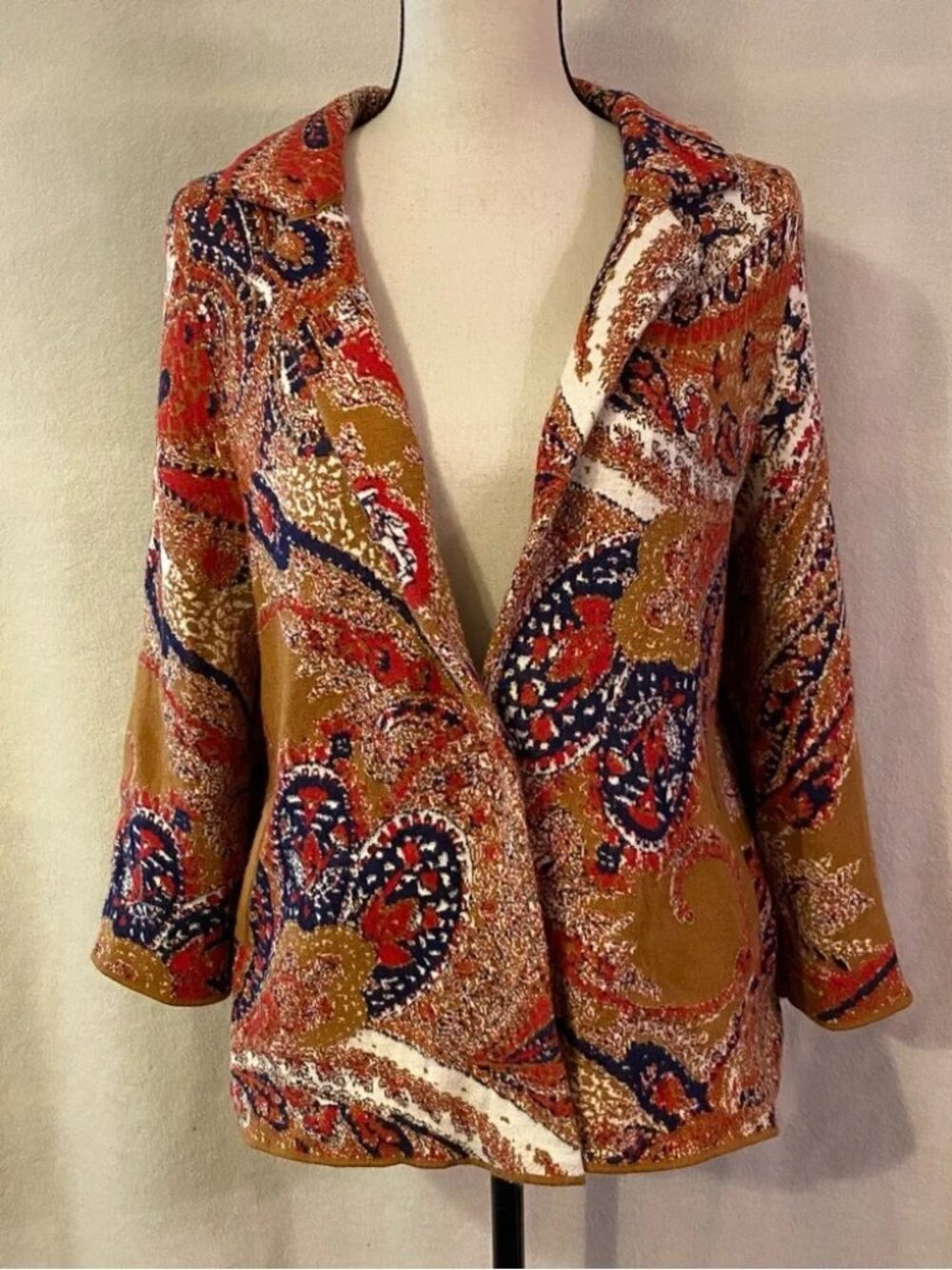Anthropologie Moth gold knit snap front paisley intarsia blazer